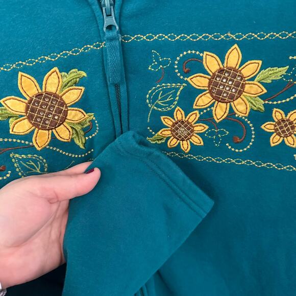 Breckenridge Teal Sunflower Full Zip Sweatshirt / Jacket Size Large w/ Pockets - Picture 5 of 8